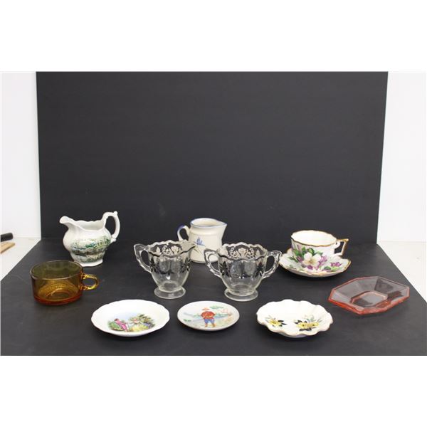(3) Decoative Plates, Glass Cream and Sugar, Amber Glass Cup, Depression Glass Tray, (2) China Cream