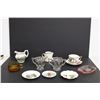 Image 1 : (3) Decoative Plates, Glass Cream and Sugar, Amber Glass Cup, Depression Glass Tray, (2) China Cream