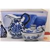 Image 5 : Glass Tealight Holder With Tray, 2 Piece Floral Ceramic Blue and White