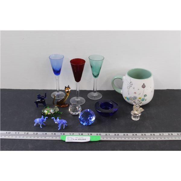 Tinkerbell Mug, (3) Colored Glass Liqueur Glasses, (11) Miniature Figurines (Assorted)