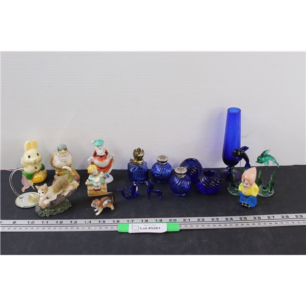 (18) Glass & Porcelain Figurine Trinkets: Blue Glass, Birds, Dolphins, Bunny Candle, Misc.