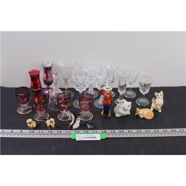 (14) Assorted Liqueur Glasses, (8) Miniature Figurines, Glass Bell