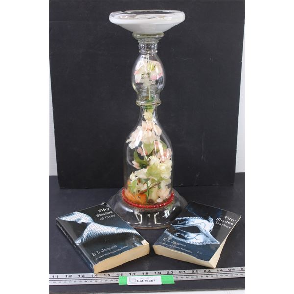 Glass Floral Ashtray - 19" Tall (Crack as pictured) & Fifty Shades of Grey Books 1 & 2