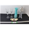 Image 1 : Ceramic Figurine, (2) Glass Wine Glasses, Vase, Royal Winton Tray