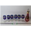 Vintage Decanter and (6) Blue Glass Stemmed Glasses