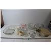 (3) Glass Bowls, (2) Glass Mugs, Assorted Glass and Plastic Dishes