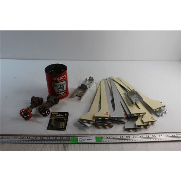 Stanley Corner Braces, (2) Brass Gate Valves, (10+) Shelf Brackets and Assorted Hardware