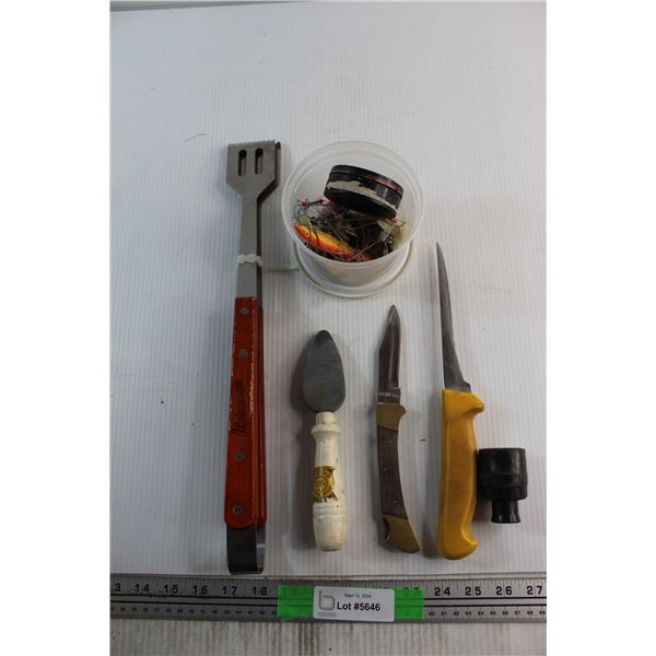 Invicta Folding Knife, Butcher Knife, Assorted Fishing Gear and Assorted Items