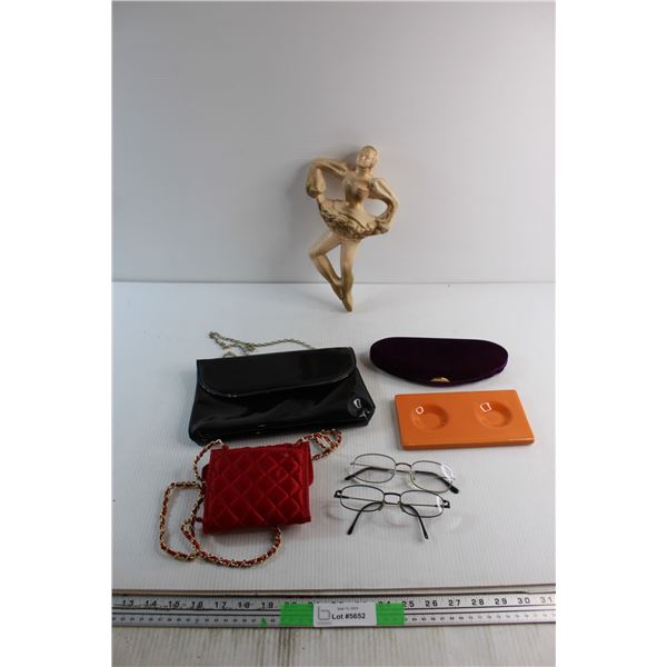 Ballerina Wall Decorations, (2) Clutch Bags, (2) Glasses and Assorted Items