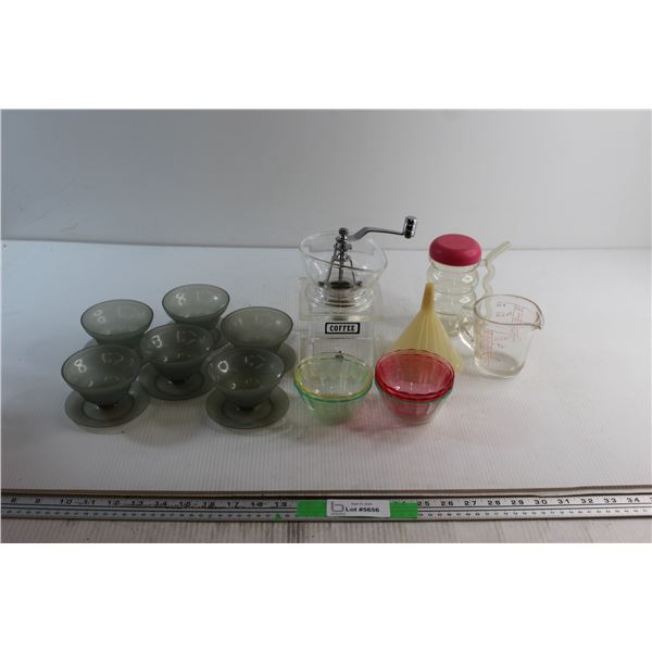 Plastic Coffee Grinder, Pyrex Measuring Pitcher, Funnel and Assorted Items