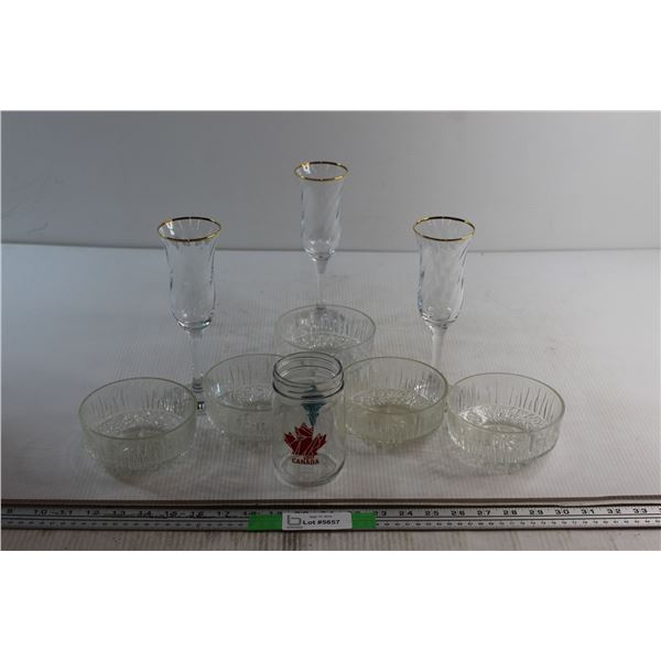 (5) Glass Bowls 5'', (3) Wine Glasses and Jar