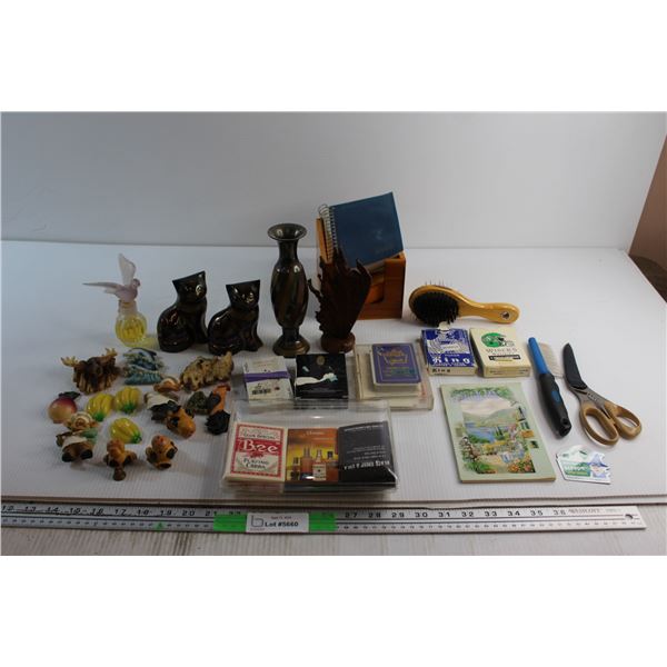 (14) Assorted Magnets, (8) Assorted Playing Cards, Perfume, Vase and Assorted Items