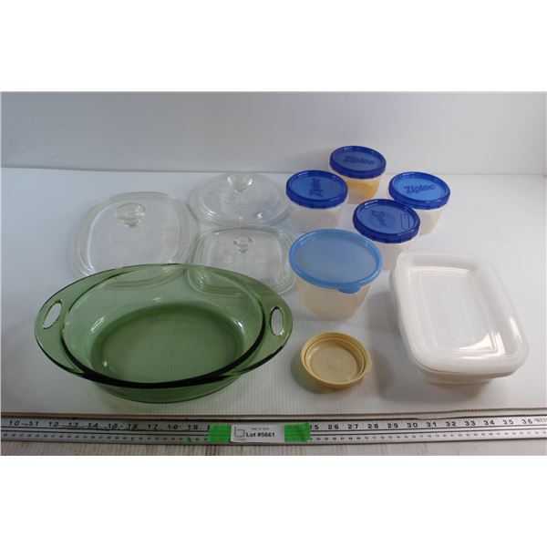 (3) Glass Lids, Casserole Dish, (4) Ziploc and Assorted Containers