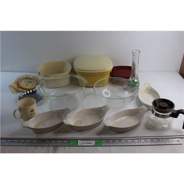 (3) Assorted Tupperware and Rubbermaid Containers, (2) Glass Bowls, (4) Quiche Dishes and Assorted I