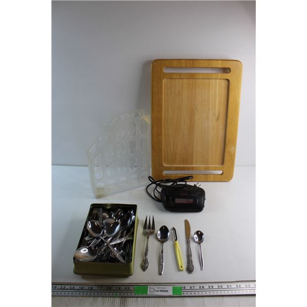 Wooden Food Tray, Audio Logic Radio Alarm, Assorted Cutleries and Binder Storage