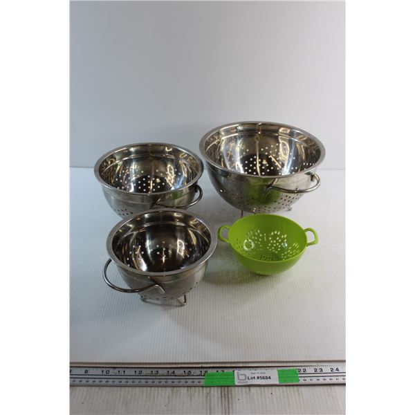 (3) Assorted Metal Strainers 11'' and Plastic Small Strainer 6''