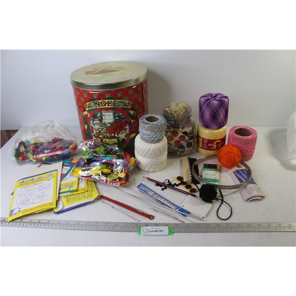 Embroidery Threads - Darning Needles - Iron-on Patterns - Large Christmas Tin