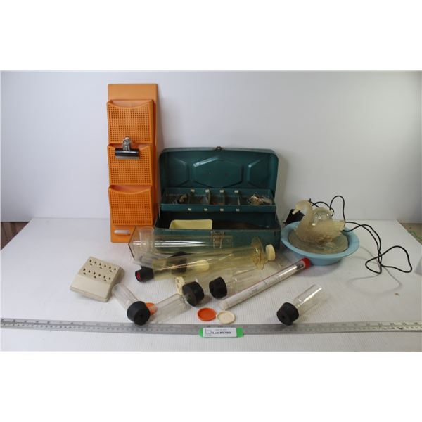 Plastic Wall Bill Holder - Metal Tackle Box w/Hooks - Swan Table Top Fountain (working) - Wine Makin