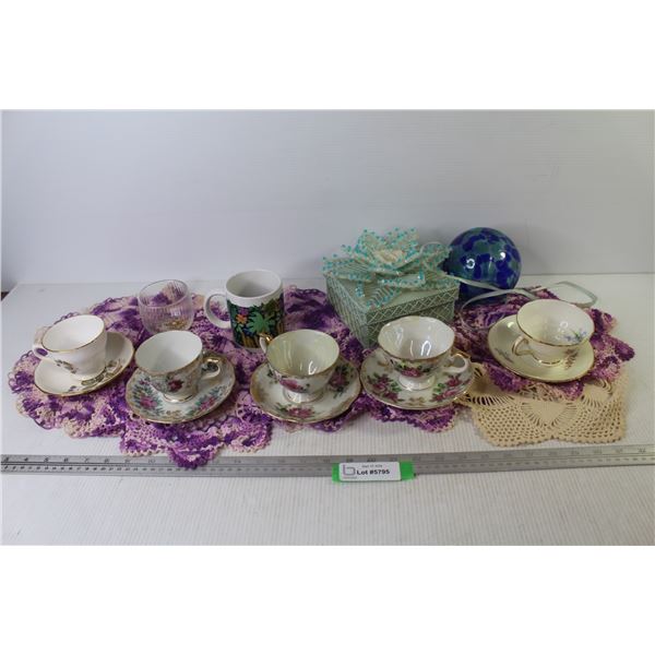 Assorted Tea Cups & Saucers - Doilies - Plastic Beaded Box - Glass Decor Ball - Cup & Glass