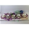 Image 1 : Assorted Tea Cups & Saucers - Doilies - Plastic Beaded Box - Glass Decor Ball - Cup & Glass