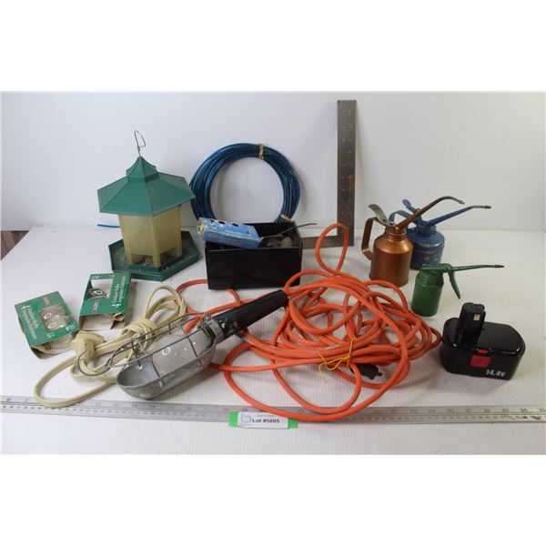 Clothes Line Wire - Trouble Light - 12" Square - (3) Oiler Cans - Bird Feeder - Extension Cord - Mis