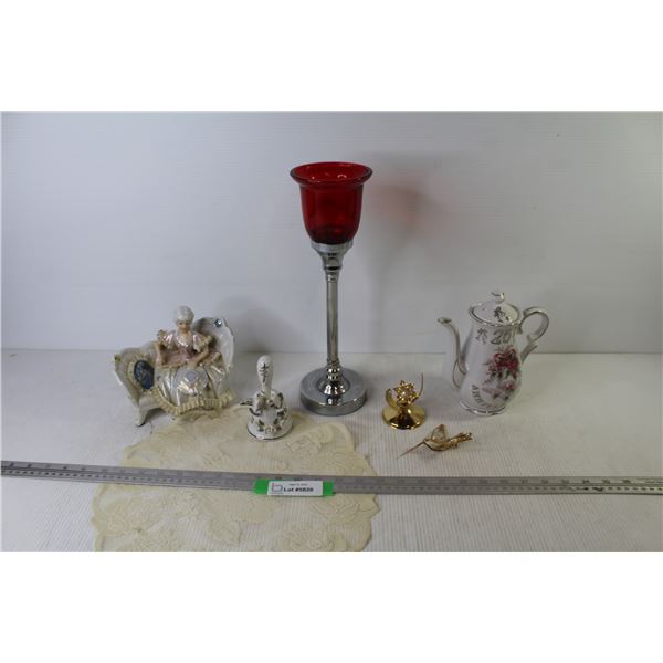 Ceramic Tea Pot - Bell - Statue/Ornament - Metal & Glass Candle Stick - Misc. Items