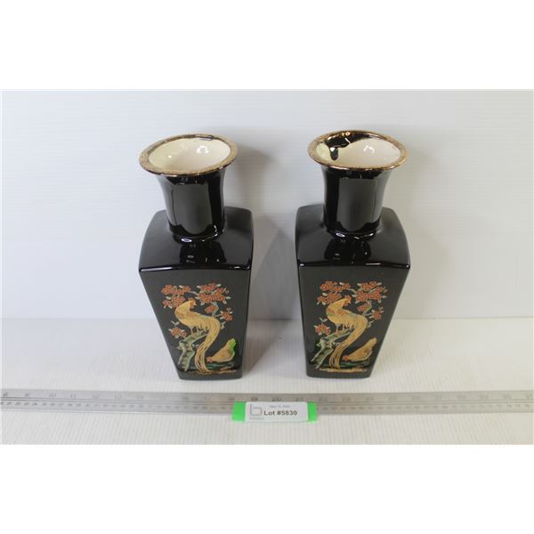 (2) Ceramic Vases - Asian Themed (10.5" x 4")