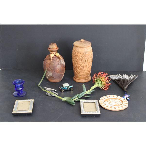 Wooden Lidded Container - Leather Wrapped Pottery Jar - Hand Fan - Small Photo Frames - Misc. Items