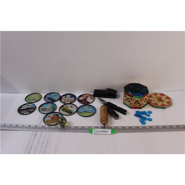 (9) Co-op Vintage Coasters, Utility Folding Knife in Holster, Blue Chips in Vintage Tin, Marble Shoo