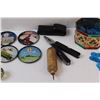 Image 4 : (9) Co-op Vintage Coasters, Utility Folding Knife in Holster, Blue Chips in Vintage Tin, Marble Shoo