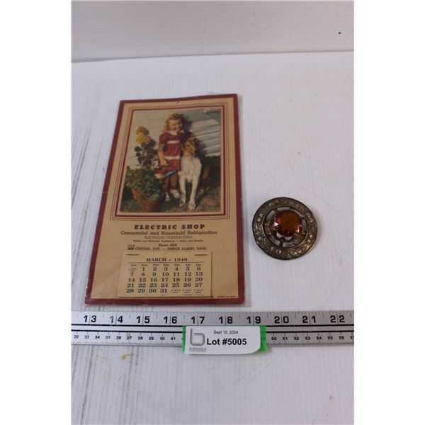 Antique 1948 Wall Calendar (Prince Albert) & Amber-like Stone in Wheat Sheath Metal Brooch
