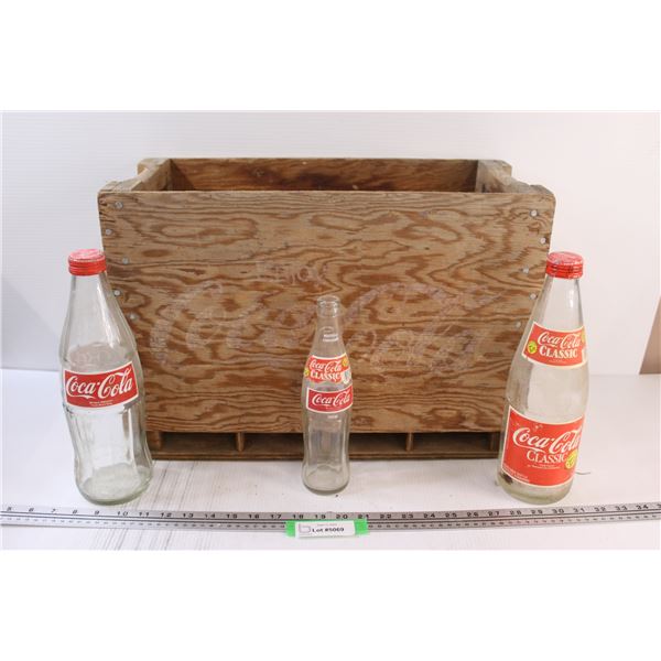 Coca Cola Wooden Crate & (3) Glass Coca Cola Bottles