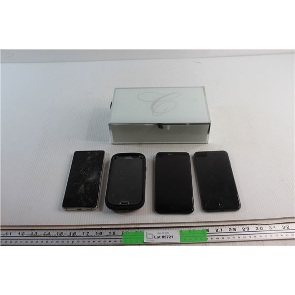 Jewelry Glass Box, (2) iPhones and (2) Samsung Phones