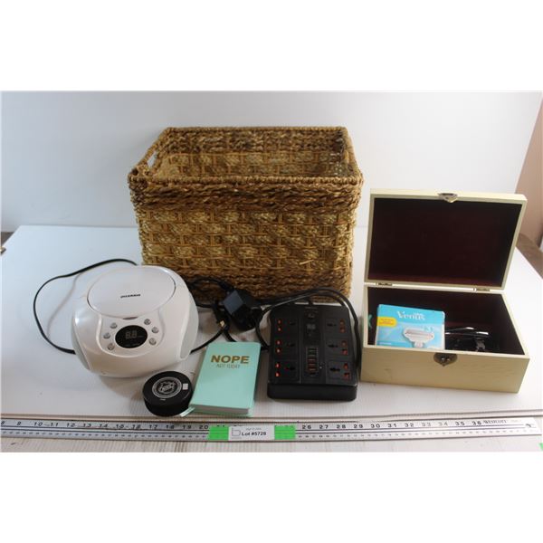 NHL Hockey Puck, Sylvania DVD Player, Recci Power Block Outlet and Assorted Items