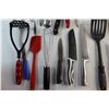 Image 3 : (10+) Assorted Kitchenware - Knives, Spatulas, Whisks and Can Openers