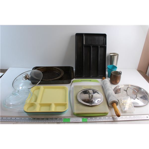 (3) Food Trays, (4) Assorted Lids, (2) Cutting Boards, Dough Roller and Assorted Items