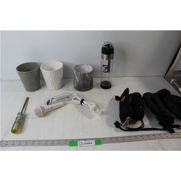 (3) Planters, (2) Pairs Of Youth Winter Gloves, Microphone - Untested, Booster Juice Bottle, Screwdr