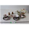 Image 1 : Teapot, (3) Teacups and Saucers - Missing one Cup, Sugar Dish, Saucer, (2) Candle Holders