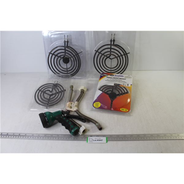 (4) Used Stove Elements (6" - 8") - (2) 12" Braided Toilet Water Supply Lines - Hose Spray Nozzle