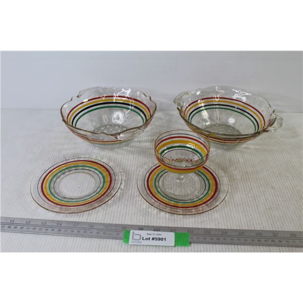 Vintage Painted Glass Dishes - Bowls - Plates - Dessert Dish