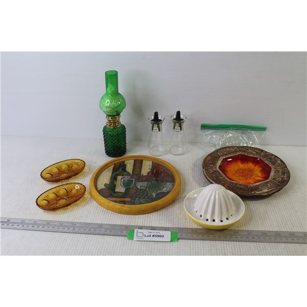Green Glass Oil lamp - (2) Oil & Vinegar Bottles - (2) Sm Amber Glass Dishes - Ceramic & Glass Palle