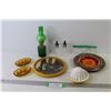 Image 1 : Green Glass Oil lamp - (2) Oil & Vinegar Bottles - (2) Sm Amber Glass Dishes - Ceramic & Glass Palle