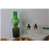 Image 2 : Green Glass Oil lamp - (2) Oil & Vinegar Bottles - (2) Sm Amber Glass Dishes - Ceramic & Glass Palle