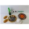 Image 7 : Green Glass Oil lamp - (2) Oil & Vinegar Bottles - (2) Sm Amber Glass Dishes - Ceramic & Glass Palle
