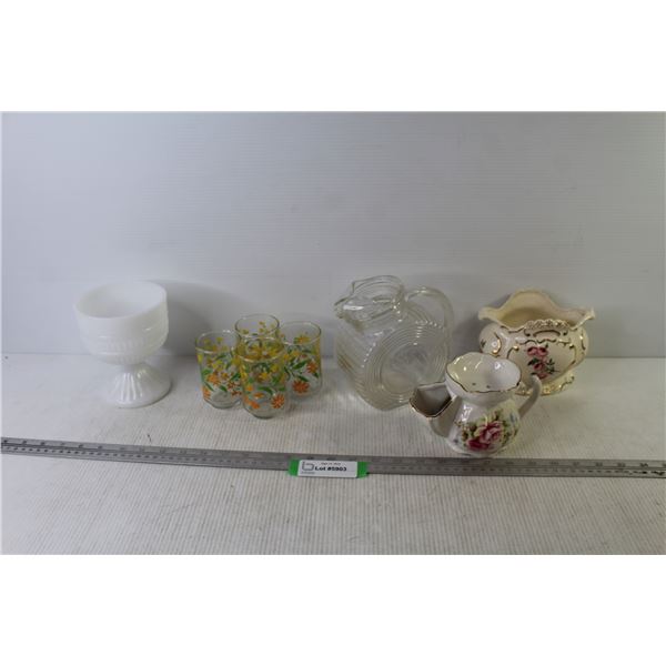 (4) Juice Glasses - Moustache Cup - Vases - Glass Pitcher