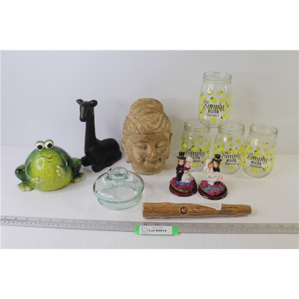 (4) Lemonade Glasses - Harry Potter Candy Wand - Ceramic Frog Bank - Carved Giraffe - Ornaments