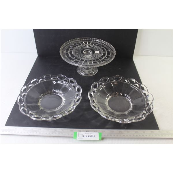 (2) Lace Edged Glass Bowls - Pedestal Cake Plate