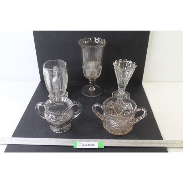(3) Glass Vases - (2) Sugar Bowls