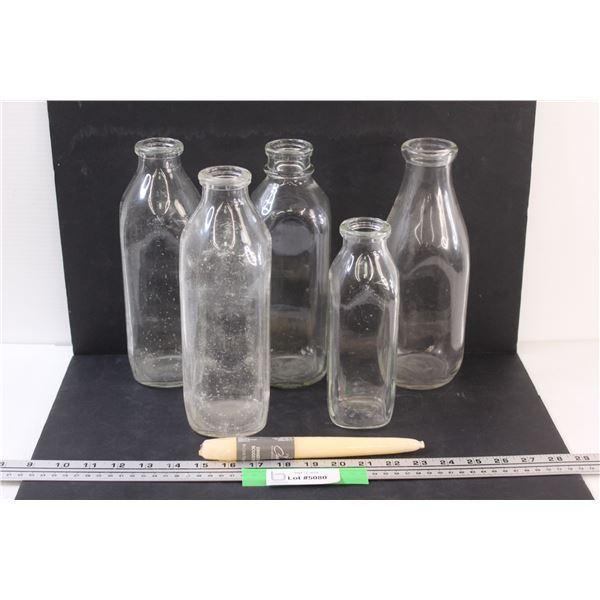 (5) Vintage Clear Milk Containers/Jars & Candle