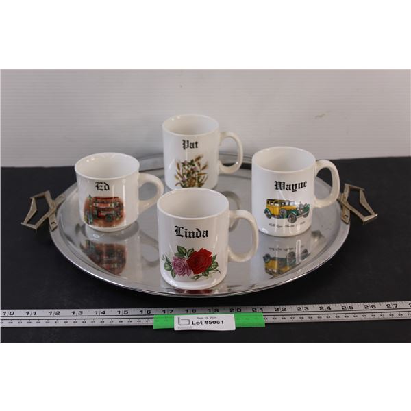 Vintage Serving Platter & (4) Name Mugs: Linda, Pat, Ed, Wayne